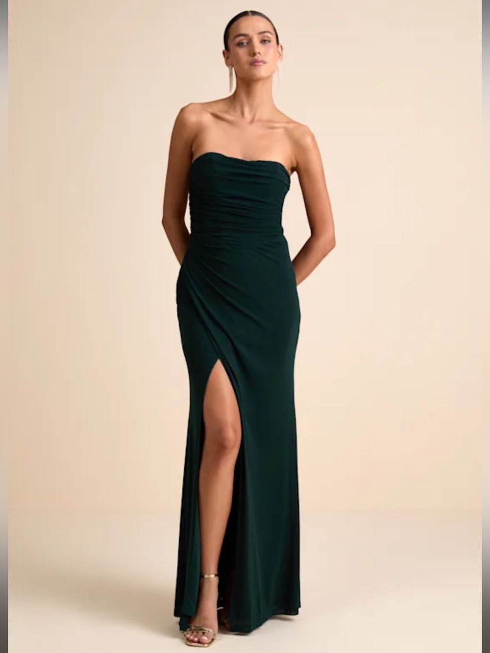 NWT-Epitome of Allure Emerald Green Mesh Strapless Ruched Maxi Dress